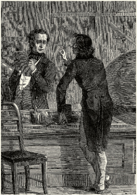 Chevalier’s shop, engraving.