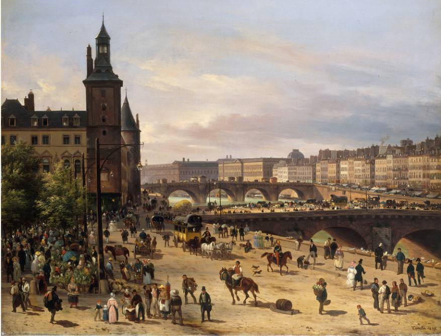 Giuseppe Canella, The Quai de l’Horloge, 1832. Musée Carnavalet, Paris. At bottom right, a bootblack and his customer.